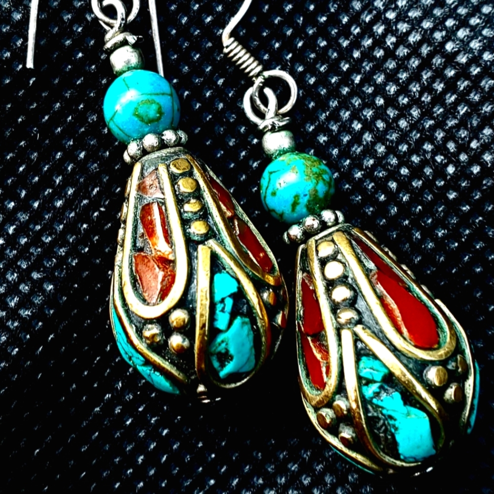Turquoise Bojo Style Brass Coral Earring